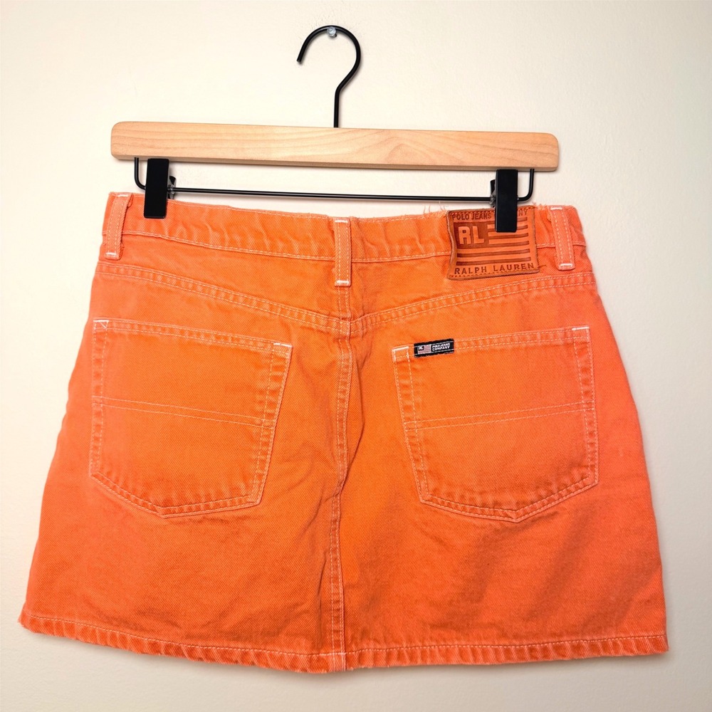 VTG Polo Ralph Lauren Orange Denim Mini Skirt 90s Logo Y2K Vibrant Cotton SZ 8